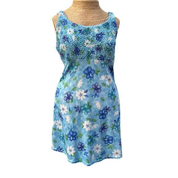 Vintage Y2K Up Front Smocked Mini Dress –‎ Blue Floral Hibiscus Print, Size L - Picture 2 of 11